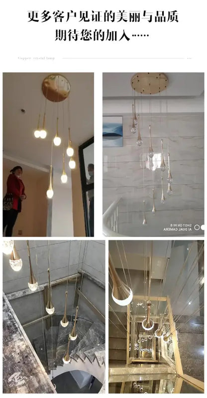 Modern gold led crystal chandelier dining room cascading pendant
