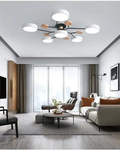 Modern gray and wood macaron ceiling chandelier bedroom 3-color dimming