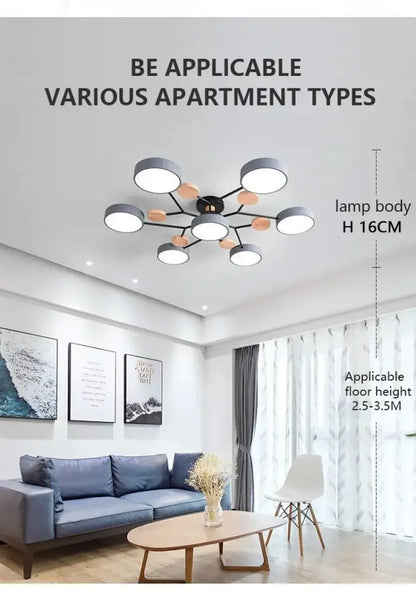 Modern gray and wood macaron ceiling chandelier bedroom 3-color dimming