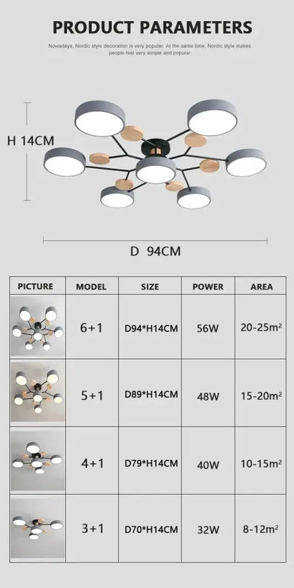 Modern gray and wood macaron ceiling chandelier bedroom 3-color dimming