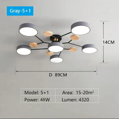 Modern gray and wood macaron ceiling chandelier bedroom 3-color dimming
