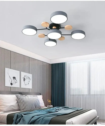 Modern gray and wood macaron ceiling chandelier bedroom 3-color dimming