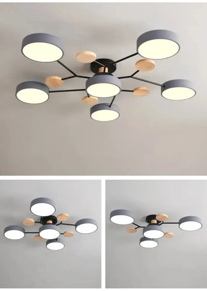 Modern gray and wood macaron ceiling chandelier bedroom 3-color dimming