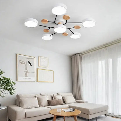 Modern gray and wood macaron ceiling chandelier bedroom 3-color dimming
