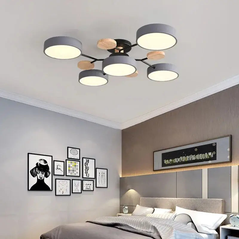 Modern gray and wood macaron ceiling chandelier bedroom 3-color dimming