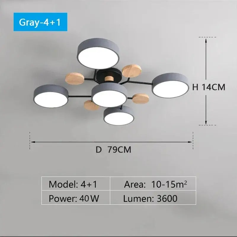 Modern gray and wood macaron ceiling chandelier bedroom 3-color dimming