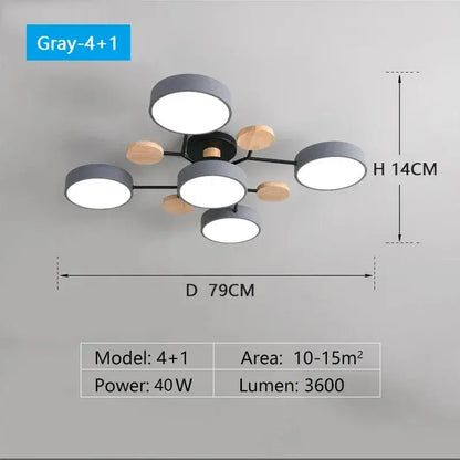 Modern gray and wood macaron ceiling chandelier bedroom 3-color dimming