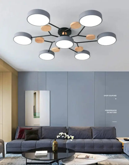 Modern gray and wood macaron ceiling chandelier bedroom 3-color dimming