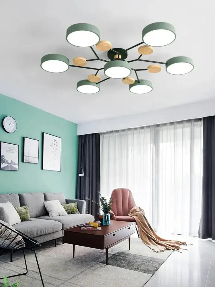 Modern gray and wood macaron ceiling chandelier bedroom 3-color dimming