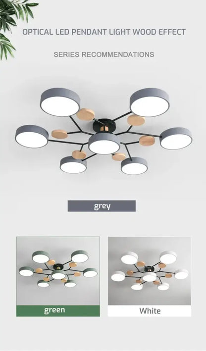 Modern gray and wood macaron ceiling chandelier bedroom 3-color dimming