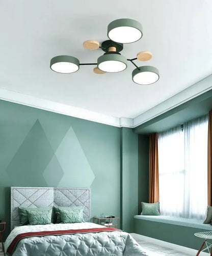 Modern gray and wood macaron ceiling chandelier bedroom 3-color dimming