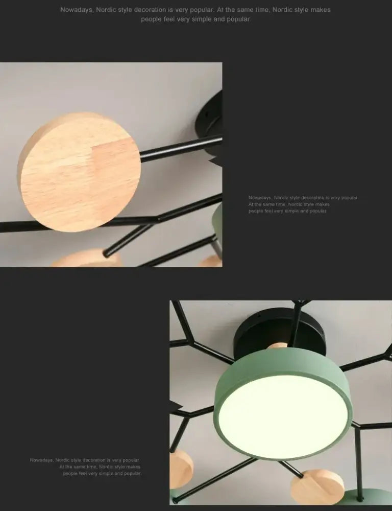 Modern gray and wood macaron ceiling chandelier bedroom 3-color dimming