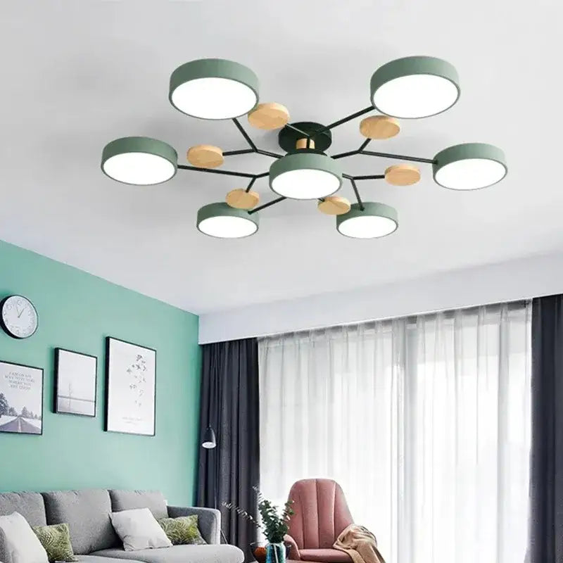 Modern gray and wood macaron ceiling chandelier bedroom 3-color dimming