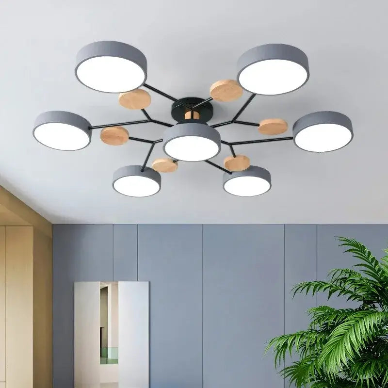 Modern gray and wood macaron ceiling chandelier bedroom 3-color dimming