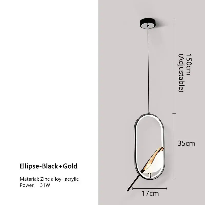 Modern gold magpie bird led pendant light dining room geometric frame
