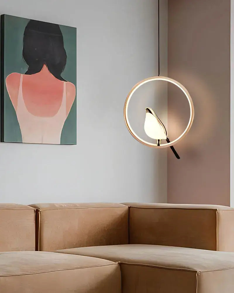 Modern gold magpie bird led pendant light dining room geometric frame