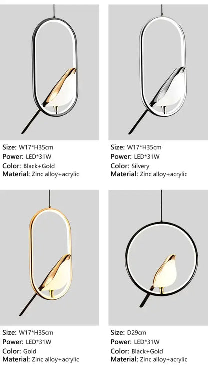 Modern gold magpie bird led pendant light dining room geometric frame