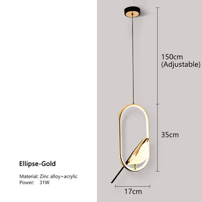 Modern gold magpie bird led pendant light dining room geometric frame