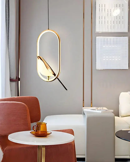 Modern gold magpie bird led pendant light dining room geometric frame