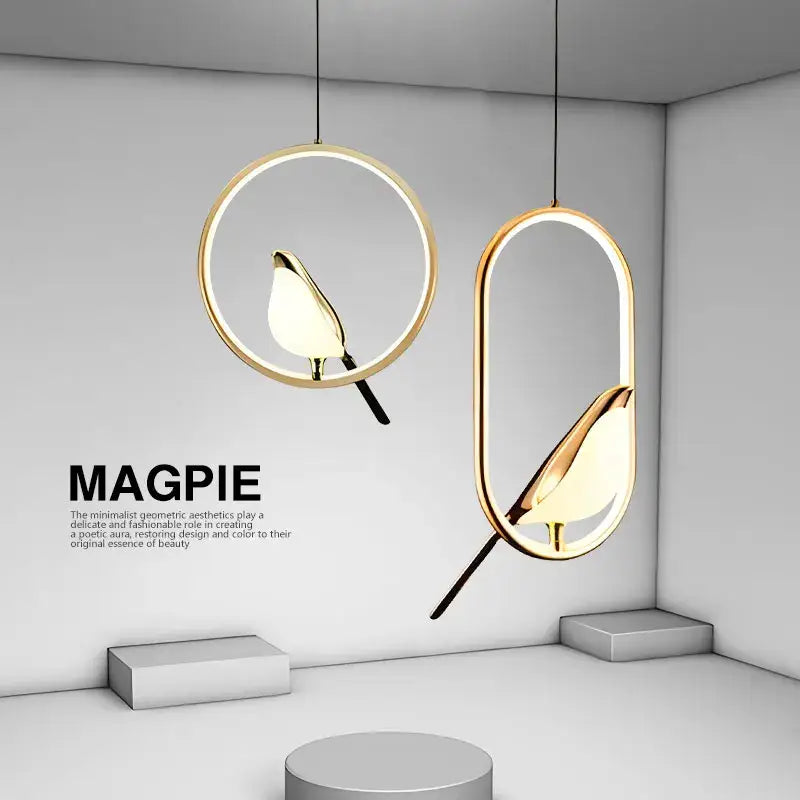 Modern gold magpie bird led pendant light dining room geometric frame