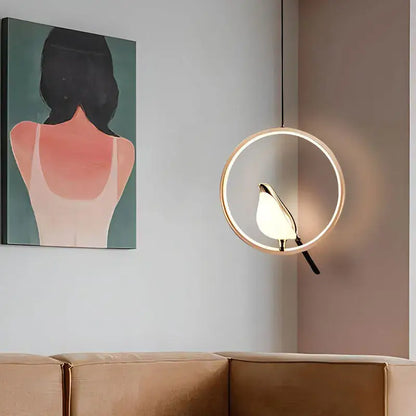 Modern gold magpie bird led pendant light dining room geometric frame