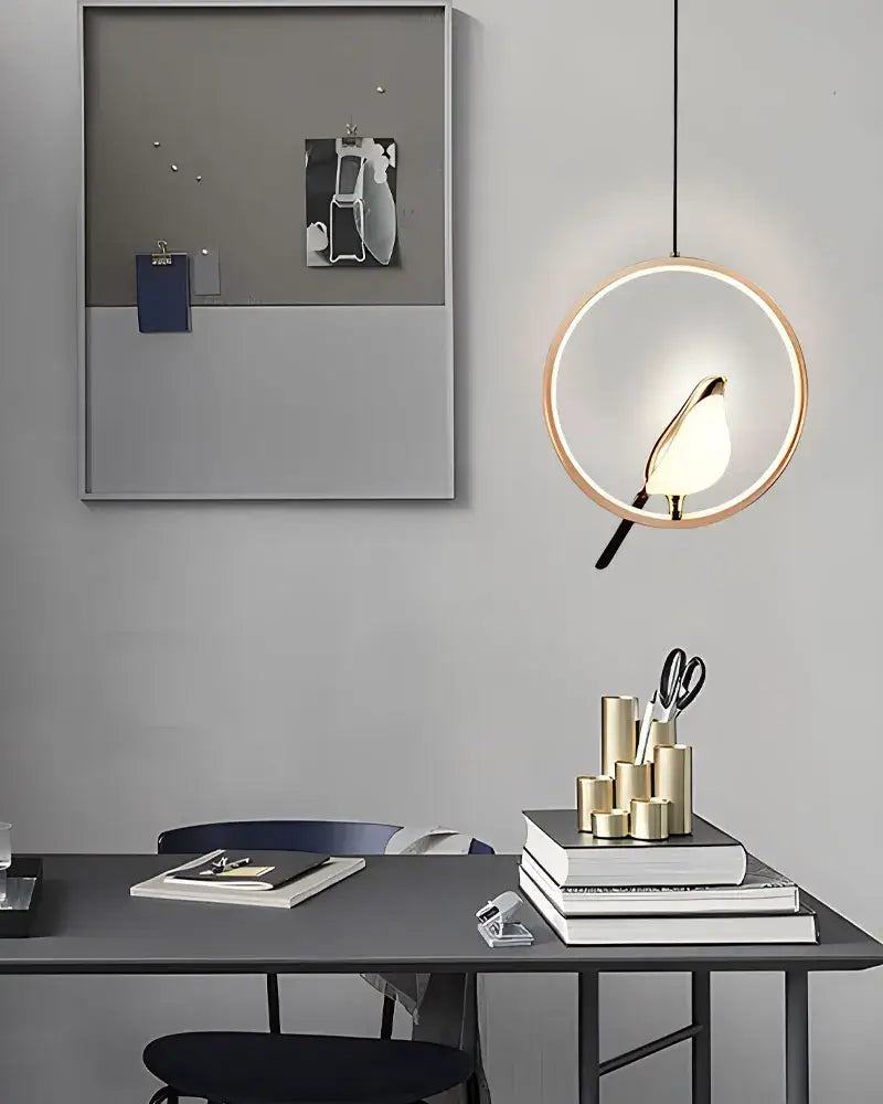 Modern gold magpie bird led pendant light dining room geometric frame