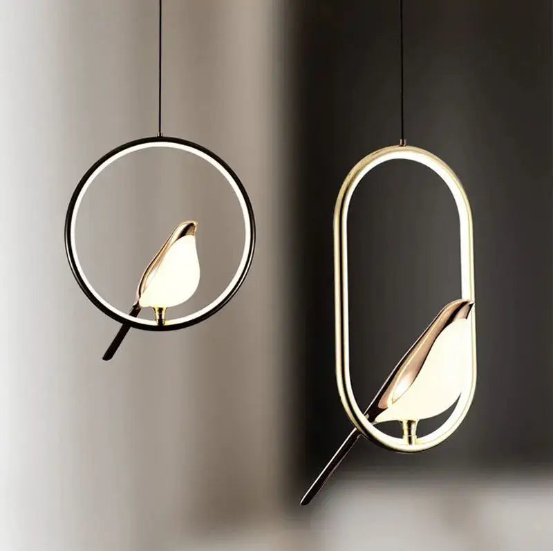 Modern gold magpie bird led pendant light dining room geometric frame