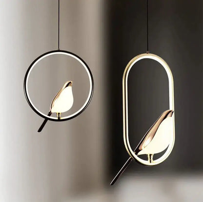 Modern gold magpie bird led pendant light dining room geometric frame