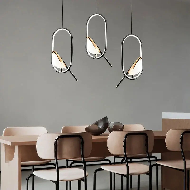 Modern gold magpie bird led pendant light dining room geometric frame