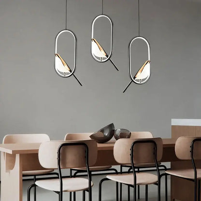 Modern gold magpie bird led pendant light dining room geometric frame