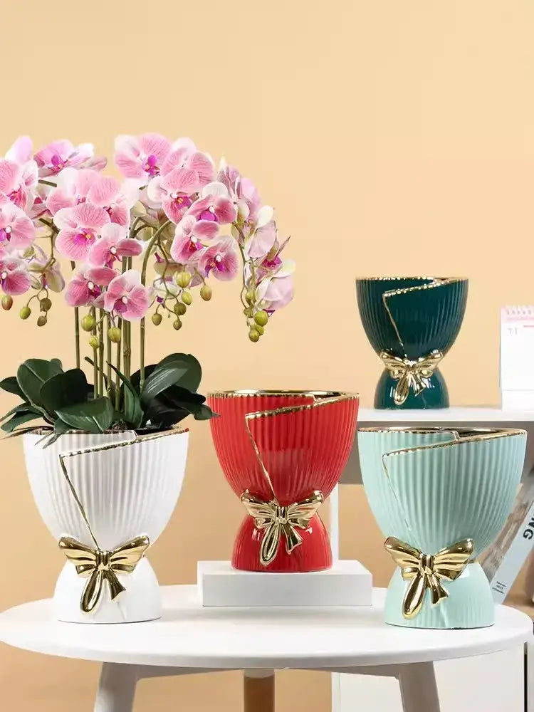 Modern nordic white red and mint ceramic vase set living room decor