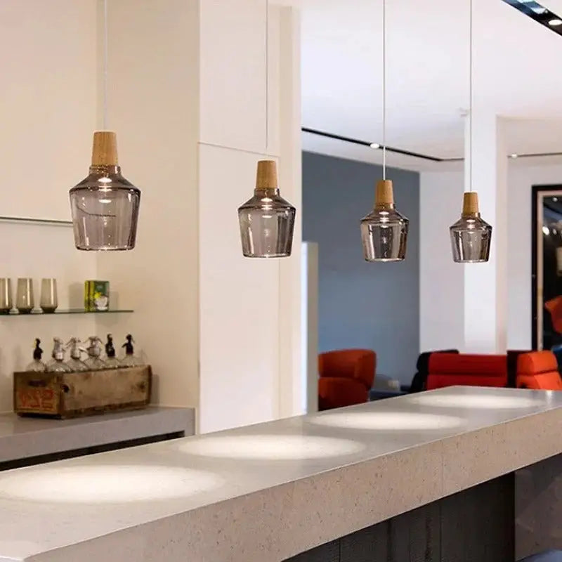 Modern glass light fixtures with wood accents – kitchen pendant set