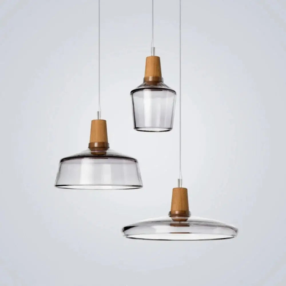 Modern glass light fixtures with wood accents – kitchen pendant set