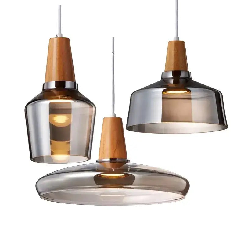Modern glass light fixtures with wood accents – kitchen pendant set