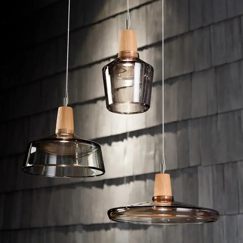 Modern glass light fixtures with wood accents – kitchen pendant set