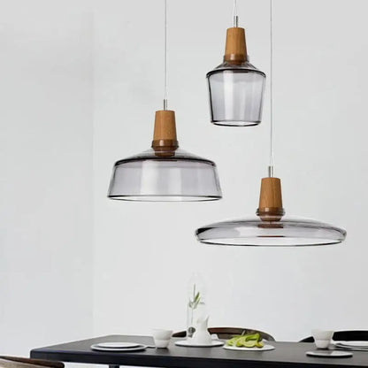 Modern glass light fixtures with wood accents – kitchen pendant set