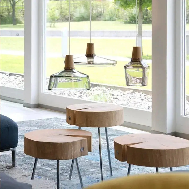 Modern glass light fixtures with wood accents – kitchen pendant set