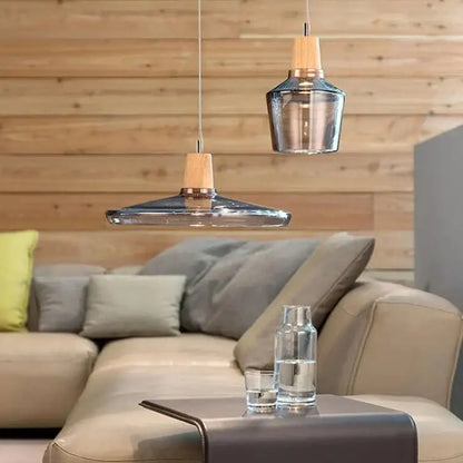 Modern glass light fixtures with wood accents – kitchen pendant set
