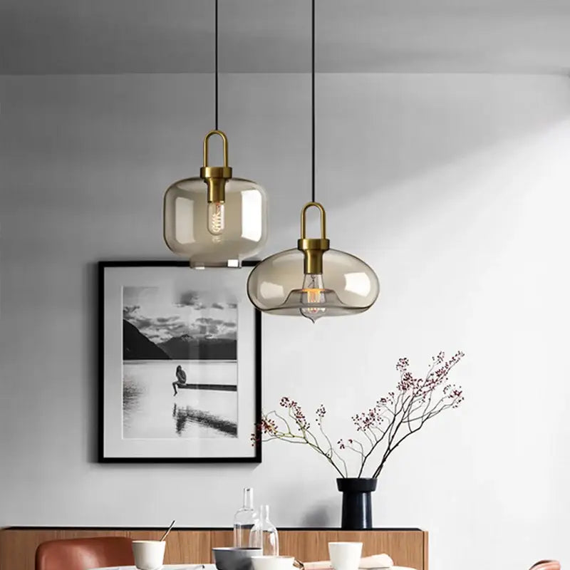 Modern smoked glass and brass pendant light set kitchen dining room