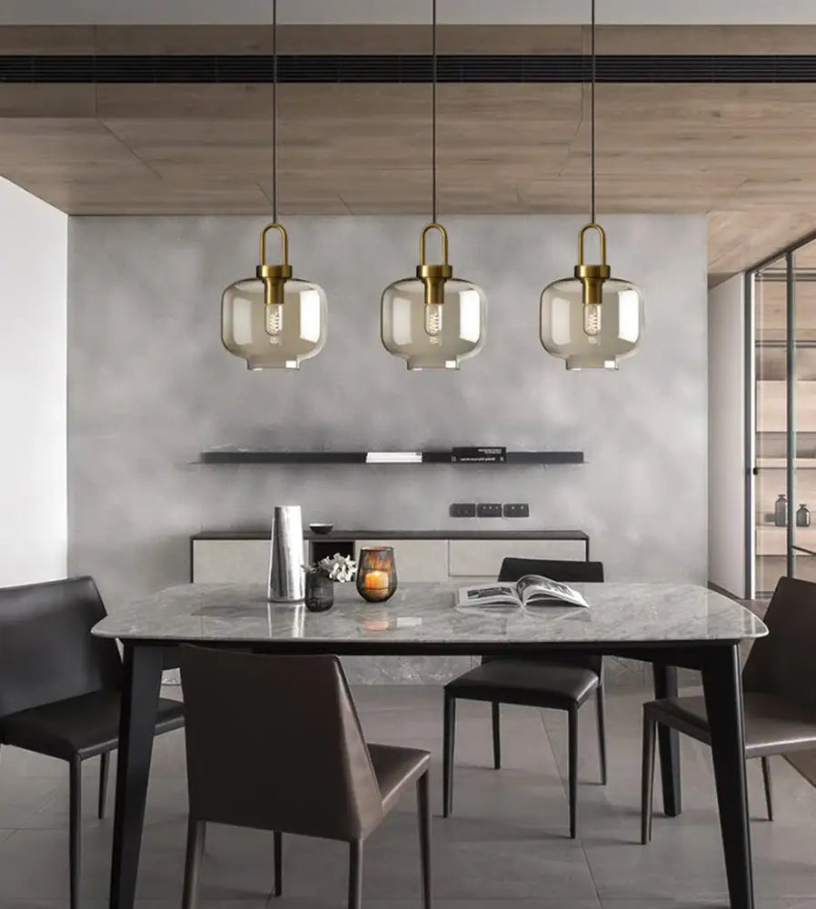 Modern smoked glass and brass pendant light set kitchen dining room
