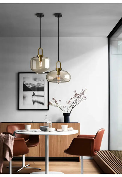 Modern smoked glass and brass pendant light set kitchen dining room