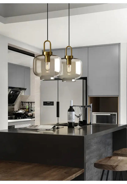 Modern smoked glass and brass pendant light set kitchen dining room