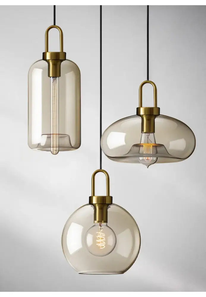 Modern smoked glass and brass pendant light set kitchen dining room