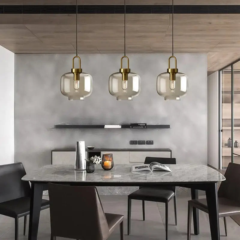 Modern smoked glass and brass pendant light set kitchen dining room