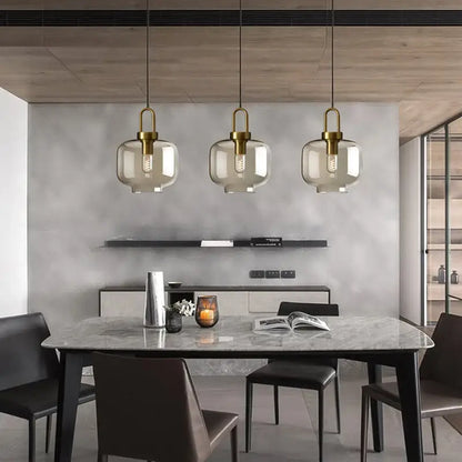 Modern smoked glass and brass pendant light set kitchen dining room