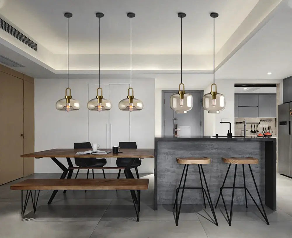 Modern smoked glass and brass pendant light set kitchen dining room