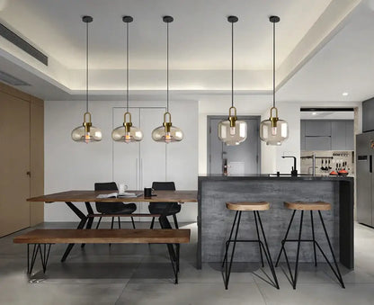 Modern smoked glass and brass pendant light set kitchen dining room