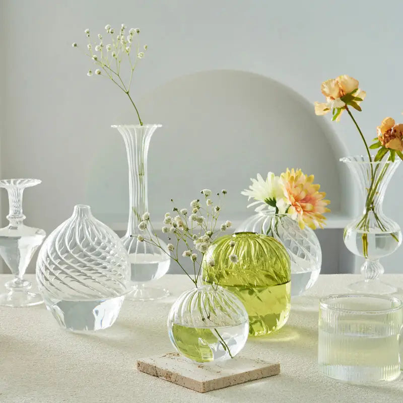 Modern nordic glass ribbed vase set living room decor