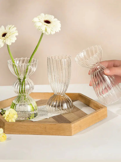 Modern nordic glass ribbed vase set living room decor