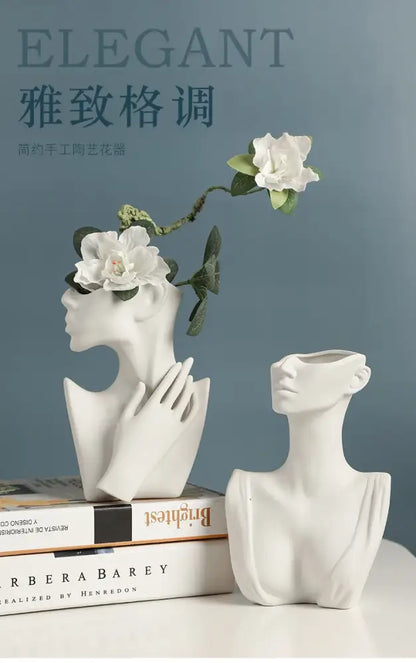 Nordic style ceramic white woman head vase living room decor